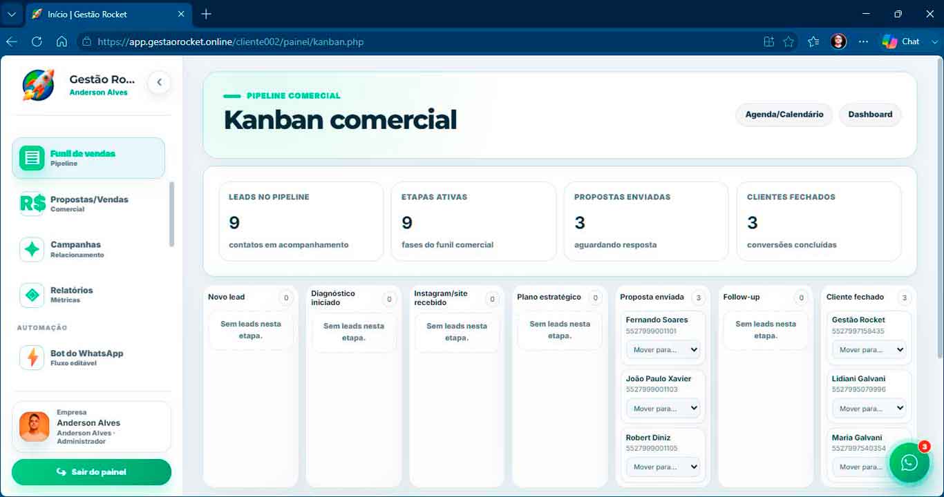 Organização das oportunidades na Gestão Rocket